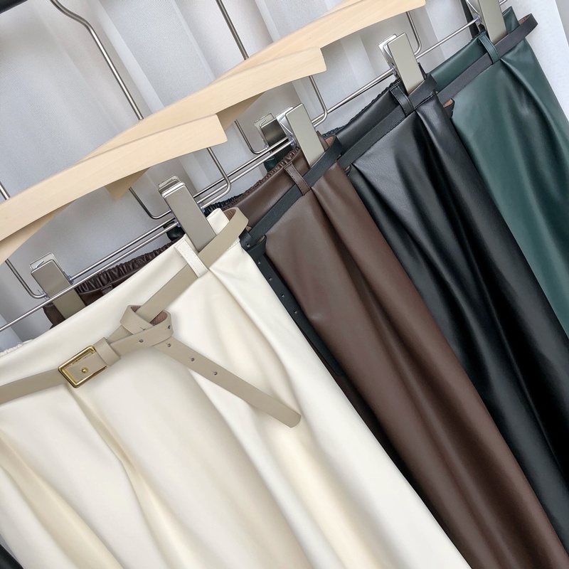 Váy Da Mùa Đông Nữ Váy Midi Màu Trơn Da PU Công Sở Lady A Line Váy Thắt Lưng Cao Cấp Phong Cách Thời Trang Thanh Lịch Váy Dài Tối Giản