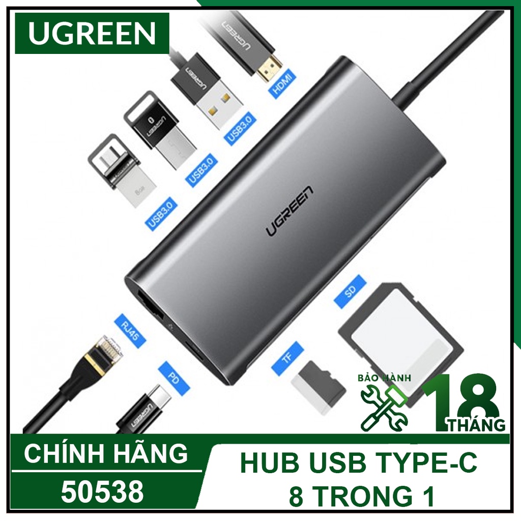 Hub Usb TypeC Sang Hdmi, Vga, Usb 3.0, RJ45, TF, SD Card Cao Cấp, UGREEN CM121 Chính Hãng