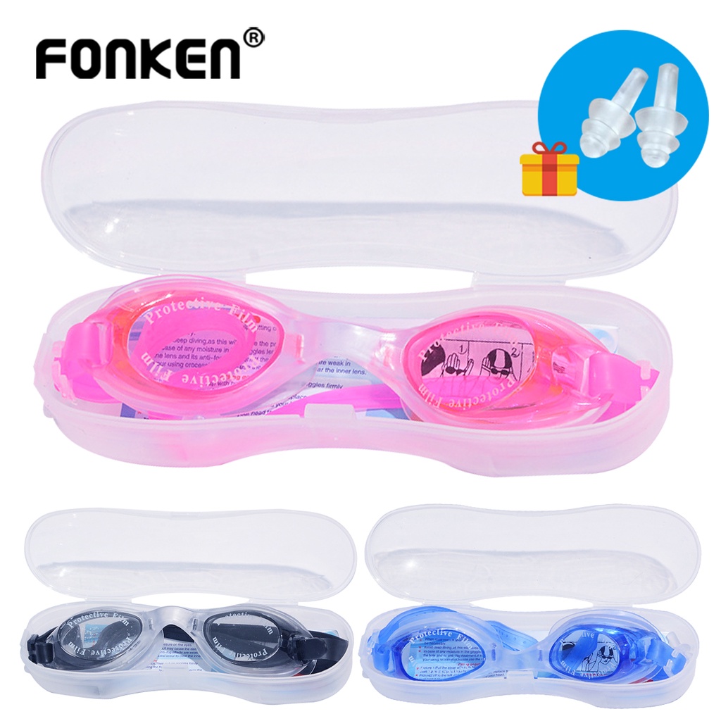 Kính bơi FONKEN chất liệu silicon dành cho nam nữ chống sương mù/kháng nước/tia UV kèm nút bịt tai