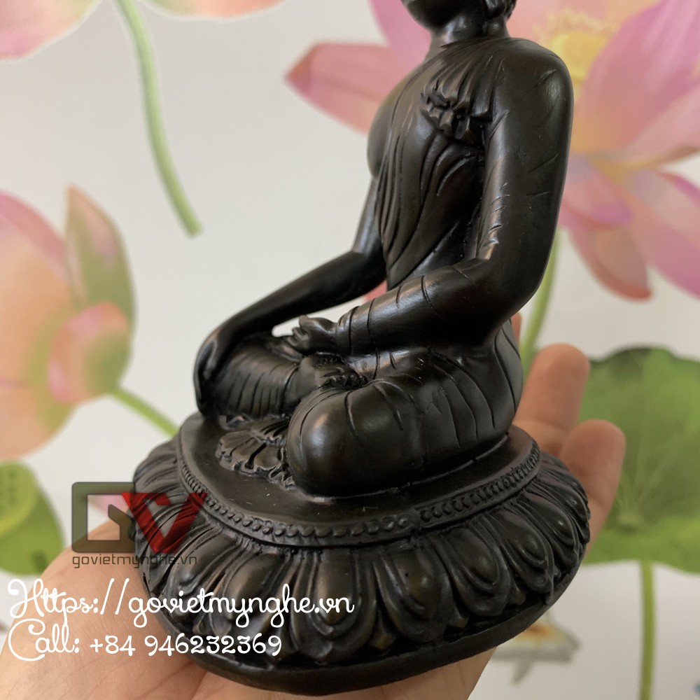 Tượng đá trang trí phòng thờ Đức phật Thích ca ngồi trên tòa sen thiền ấn - Xúc địa ấn | Chiều cao 14cm - Màu nâu đen