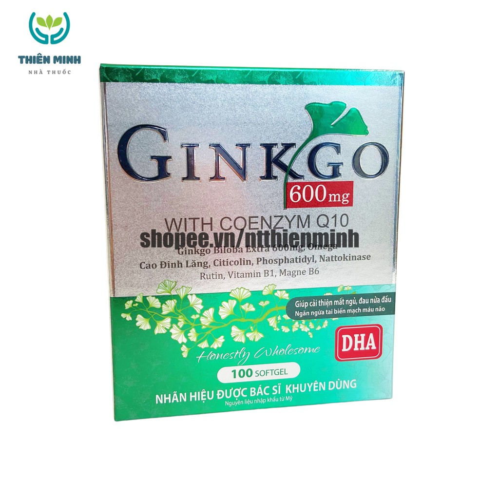 Viên uống bổ não GINKGO 600 giúp tăng cường trí nhớ, tăng tuần hoàn máu não, ngừa tai biến – HỘP 100 viên (Xanh )