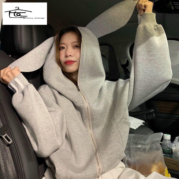 Áo Hoodie Ngắn Dáng Rộng In Hình Tai Thỏ Dễ Thương Thời Trang Mùa Thu Cho Nữ