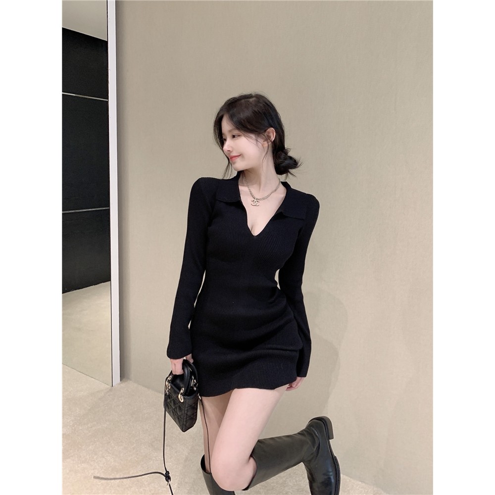 Váy len dệt kim dài tay thiết kế bó sát thời trang nữ phong cách gợi cảm tối giản hàng Quảng Châu 2021