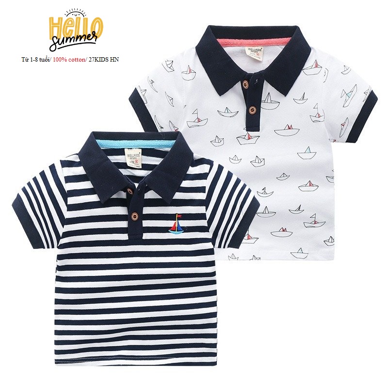 Áo Polo bé trai WELLKIDS  áo có cổ cho bé họa tiết thuyền QATE 522i