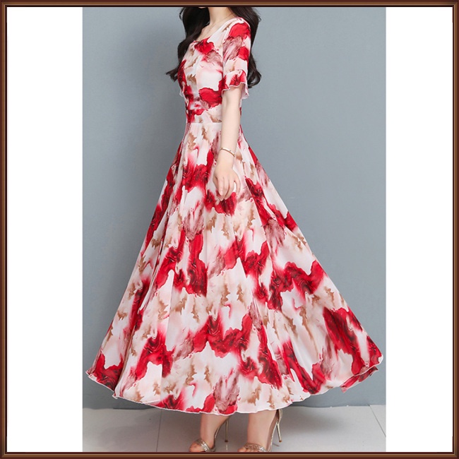 Đầm Midi Chữ A Tay Ngắn Cổ Tròn In Họa Tiết Hoa Thời Trang Mùa Hè Cho Nữ