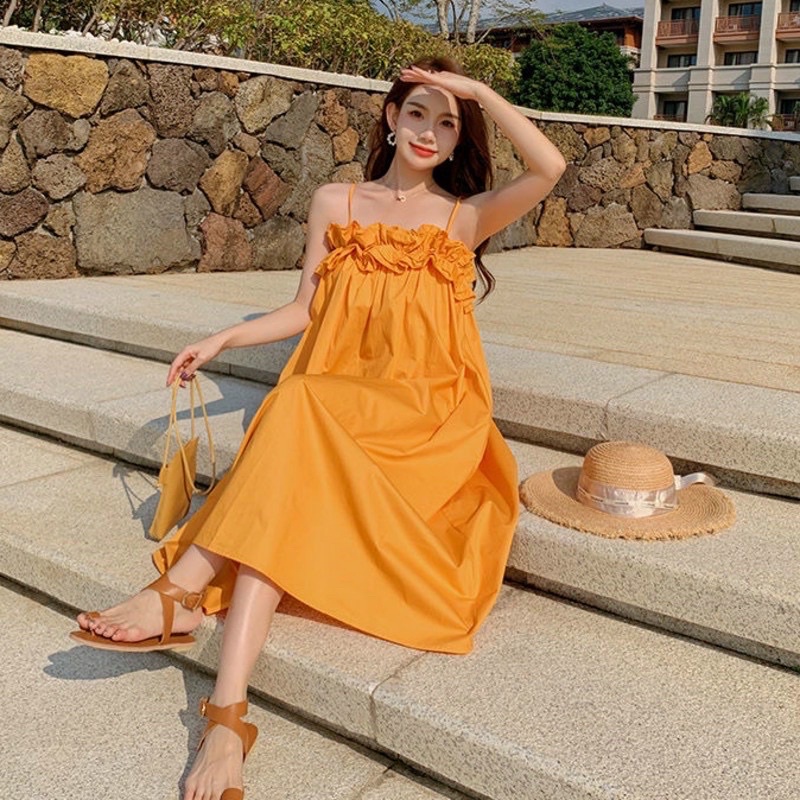 Đầm maxi 2 dây dáng dài,Váy đi biển màu cam bèo ngực chất thô
