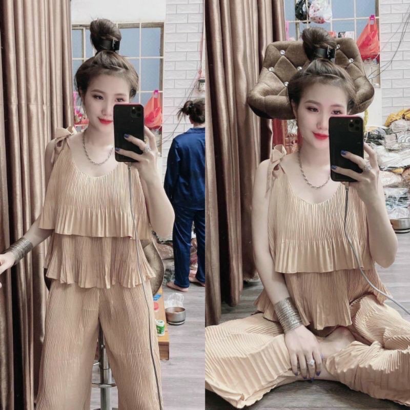 Set dập ly cột vai màu trơn vải lụa - S005