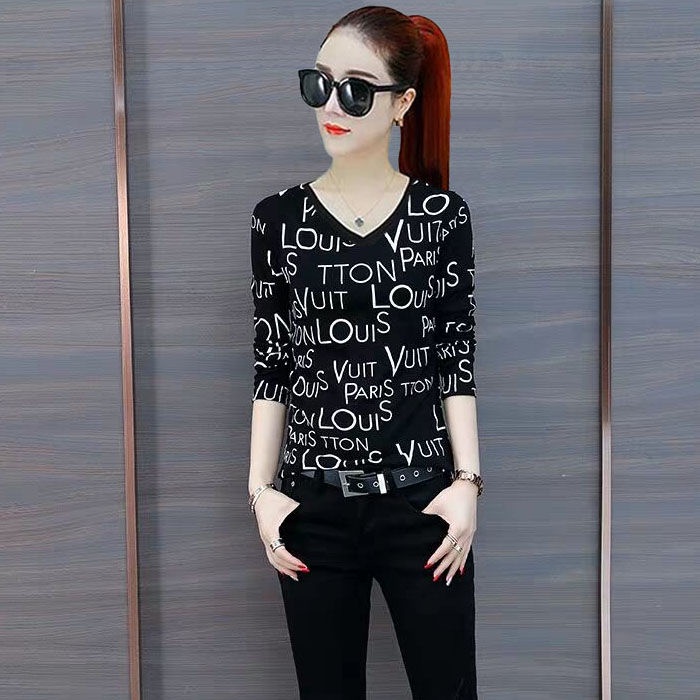 Áo Thun Nữ Tay Dài Cổ Chữ V In Họa Tiết Phong Cách Phương Tây Thời Trang Mùa Thu Mới