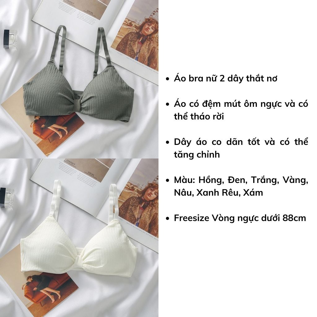 Áo bra nữ 2 dây tập gym Cotton, Áo lót không gọng đệm mút mỏng thắt nơ gợi cảm và siêu xinh LANIXA B308