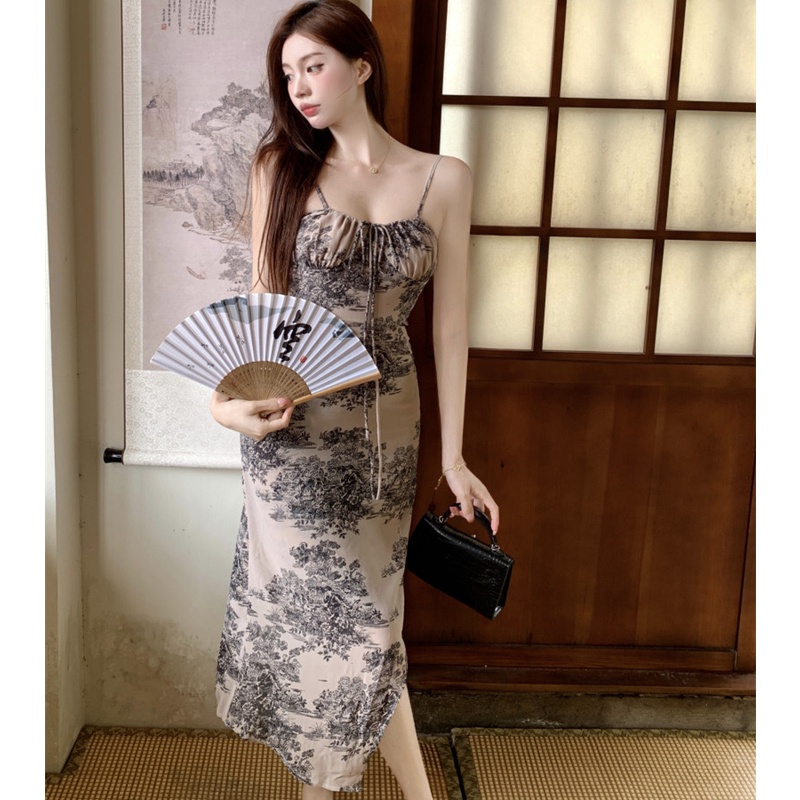 Đầm Hai Dây Họa Tiết Màu Mực Xinh Xắn Thời Trang Cho Nữ