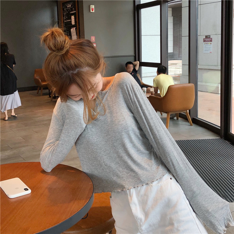 KOREAN STYLE Áo Thun Nữ Tay Dài Màu Trơn Co Dãn Phong Cách Hàn Quốc