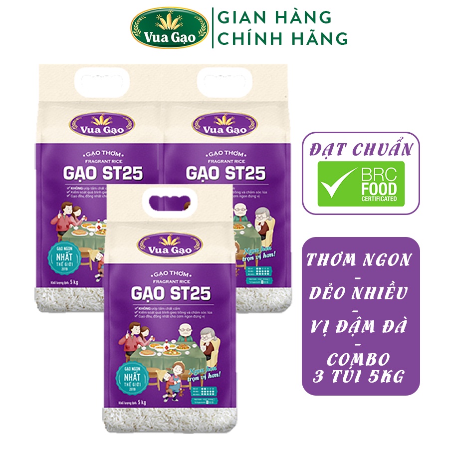 [MUA 3 TẶNG 25K] Combo 3 Túi Gạo ST25 5kg – Chính Hãng Vua Gạo – Gạo Thơm Ngon, Dẻo Nhiều, Vị Đậm Đà – Top 1 TG 2019