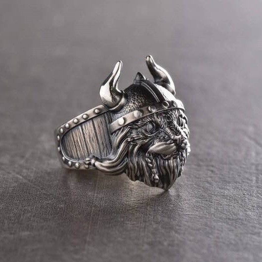 Nhẫn đeo tay khắc hình mèo hai sừng nghệ thuật đánh bóng chống oxy hoa