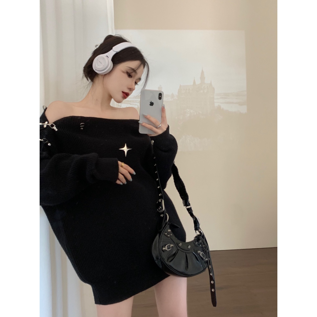 Áo sweater Dệt Kim Hở Vai Phối Khóa Kim Loại Thời Trang Mùa Thu Mới