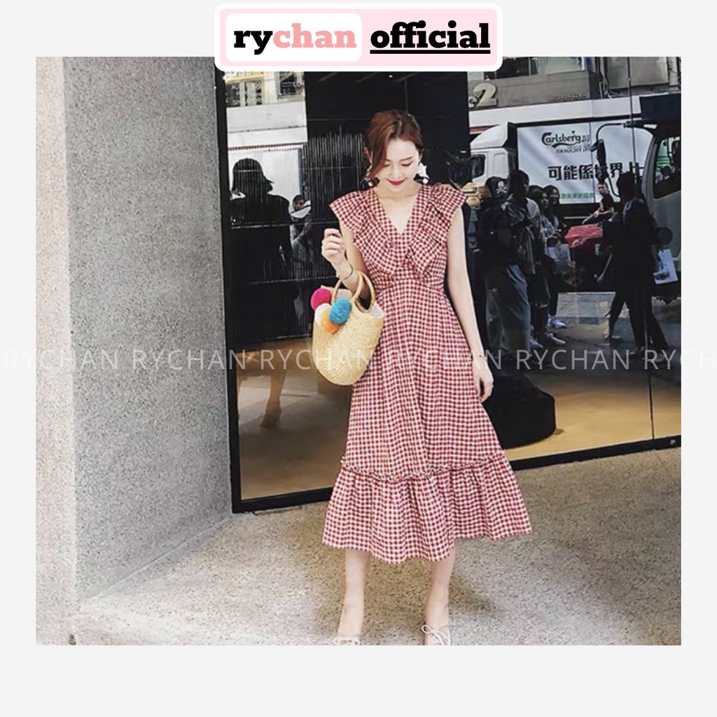 Đầm Dạo Biển Maxi Caro Đuôi Cá Nơ Sau Phối Bèo 2 Màu Xanh Đỏ - DM016