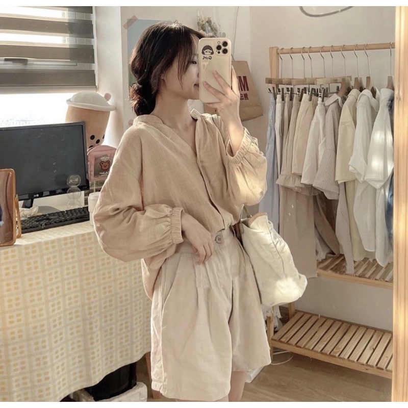 Áo sơ mi đũi cổ tàu dài tay style nhẹ nhàng