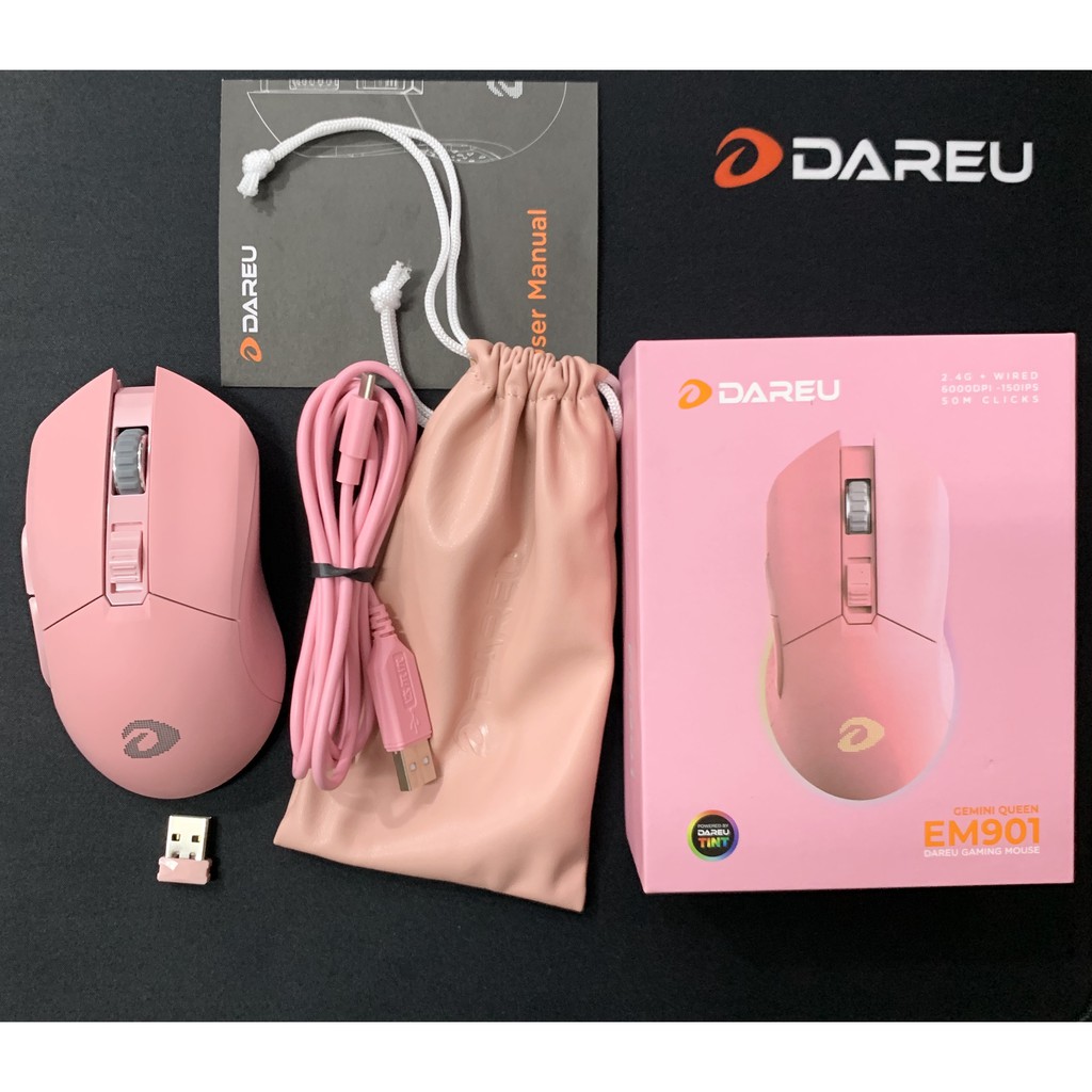 Chuột không dây Gaming Dareu EM901 Pink - Wireless ( Sử dụng pin sạc trong ) - LED viền RGB
