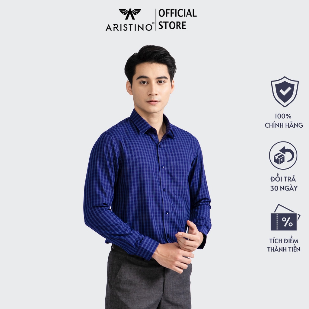 Áo sơ mi nam dài tay ARISTINO phom Regular fit, màu xanh tím than kẻ dobby lịch lãm, thời thượng - ALS41702
