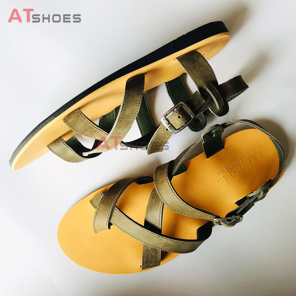 Dép Sandal Unisex cao cấp Da Bò Thật Sandal xỏ ngón nam nữ chuẩn kiểu Hàn Quốc Trẻ Trung Atshoes AT40(Rêu)