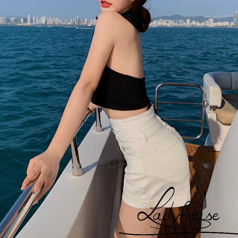 Áo Crop Top Hai Dây Cổ Yếm Cài Nút Màu Trơn Thời Trang Mùa Hè Cho Nữ