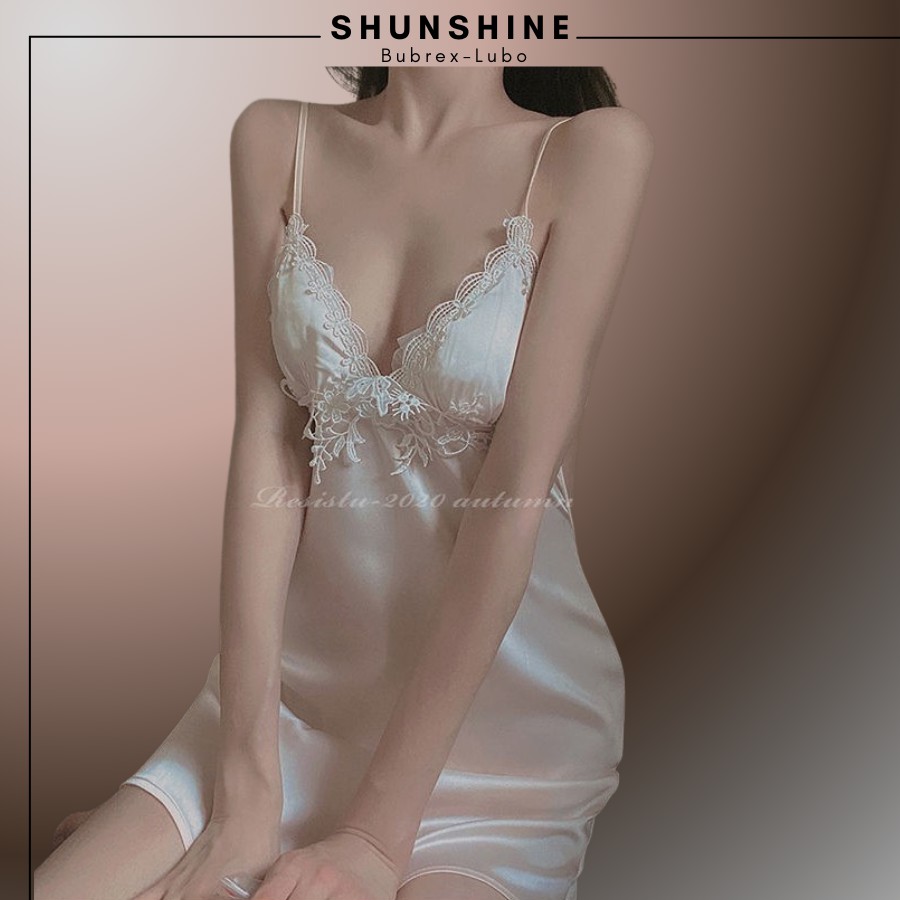 Váy Ngủ Lụa Sexy 2 Dây  Satin Phối Ren Quyến Rũ Gợi Cảm Màu Trắng - SUNSHINE LUBREXLUBO -VL165