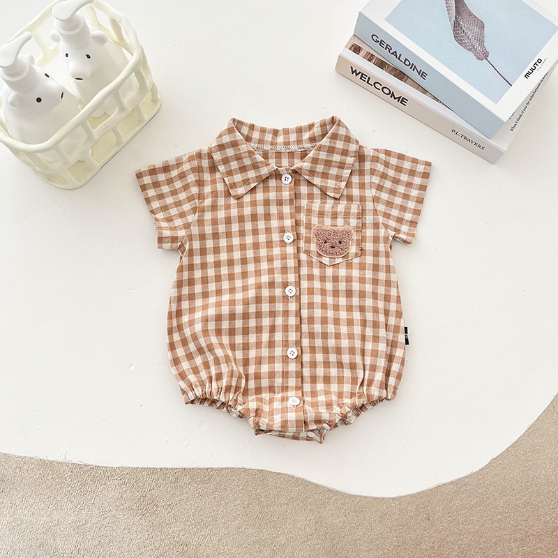 Bộ Áo Liền Quần Có Cổ Họa Tiết Caro Thời Trang Mùa Hè Cho Bé Trai