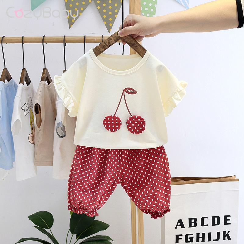 Set Đồ Mùa Hè 2 Món Gồm Áo Tay Cộc Và Quần Dài In Họa Tiết Cherry Cho Bé Gái Mới 2023