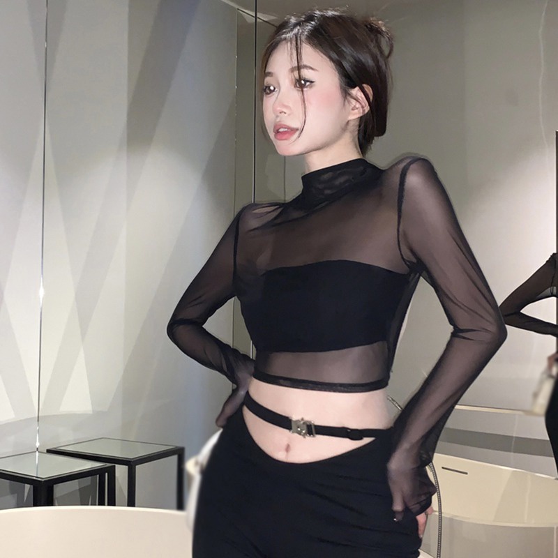Áo Thun Croptop Tay Dài Cổ Lọ Hở Lưng Màu Sắc Đơn Giản Phong Cách Hàn Quốc