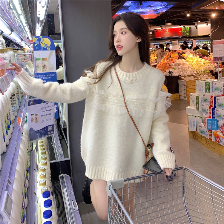 Áo Len Sweater Khoét Vai Phối Bèo LSEOUL A2184 Chất Dày Dặn Mềm Mại Nữ Tính