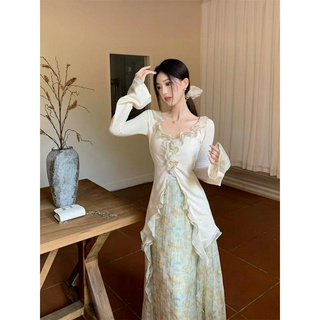 Váy Nữ Viền Lá Sen Thiết Kế Cảm Giác Tay Áo Hoa Nửa Người Váy Dài Nữ Mùa Thu Thời Trang Mới