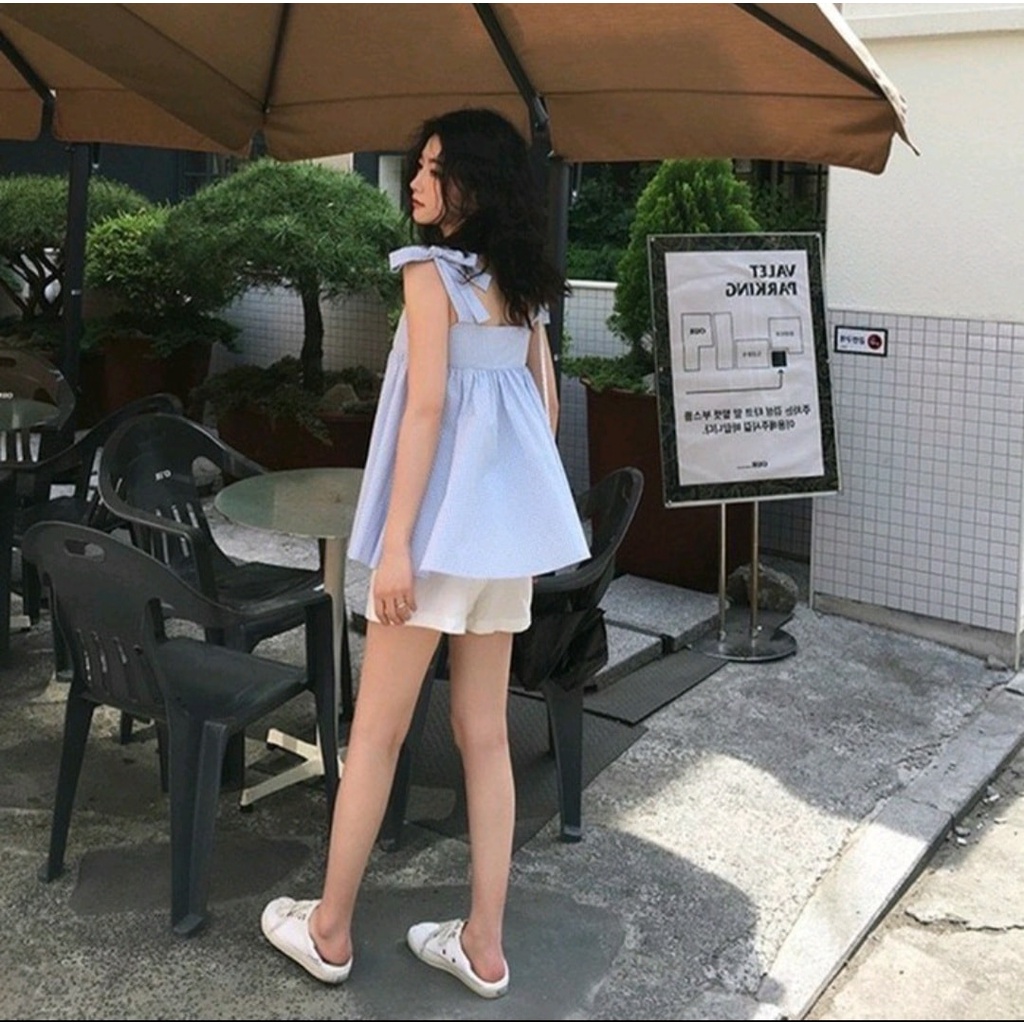 Set áo caro cột nơ + quần short xinh xắn