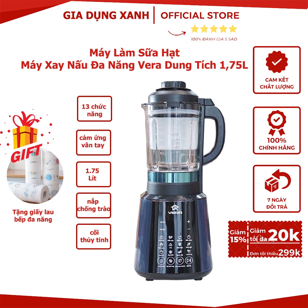 Máy làm sữa hạt, máy xay nấu đa năng Vera dung tích 1,75L, 13 chức năng chuyên sâu, Cối thủy tinh chịu lực, Siêu Sale!!