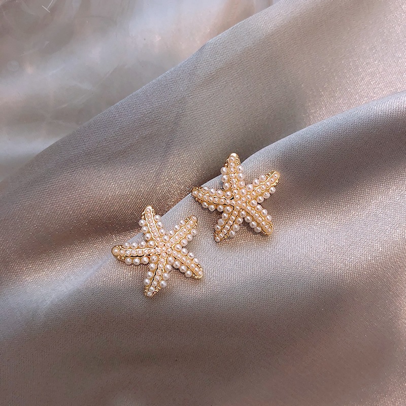 Khuyên tai mạ bạc S925 hình ngôi sao biển đính đá ngọc trai đơn giản