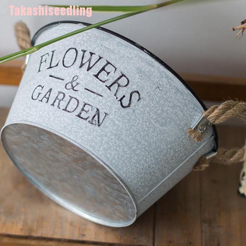 Chậu trồng cây bằng kim loại mạ kẽm có tay cầm phong cách vintage
