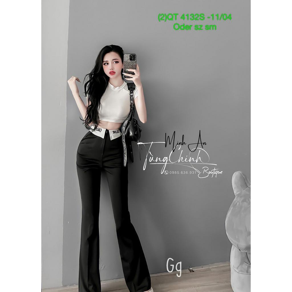Set nữ áo thun croptop tay ngắn mix quần ống loe chất tuyết mưa dáng dài kiểu gấp lai in chữ xinh hot