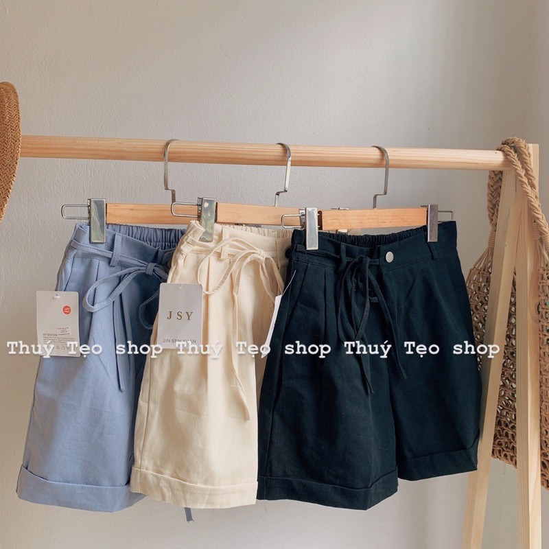 Quần sooc kaki thô cạp cao gập gấu dáng rộng - Quần sooc nữ