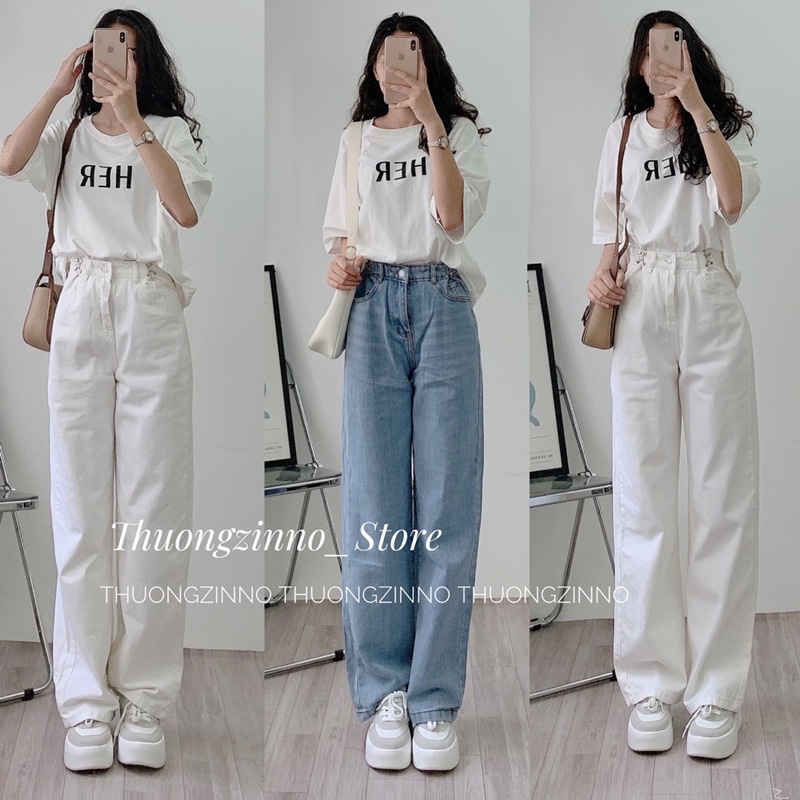 QUẦN JEAN ỐNG SUÔNG NẸP GÀI EO Phong cách Hàn Quốc trẻ trung