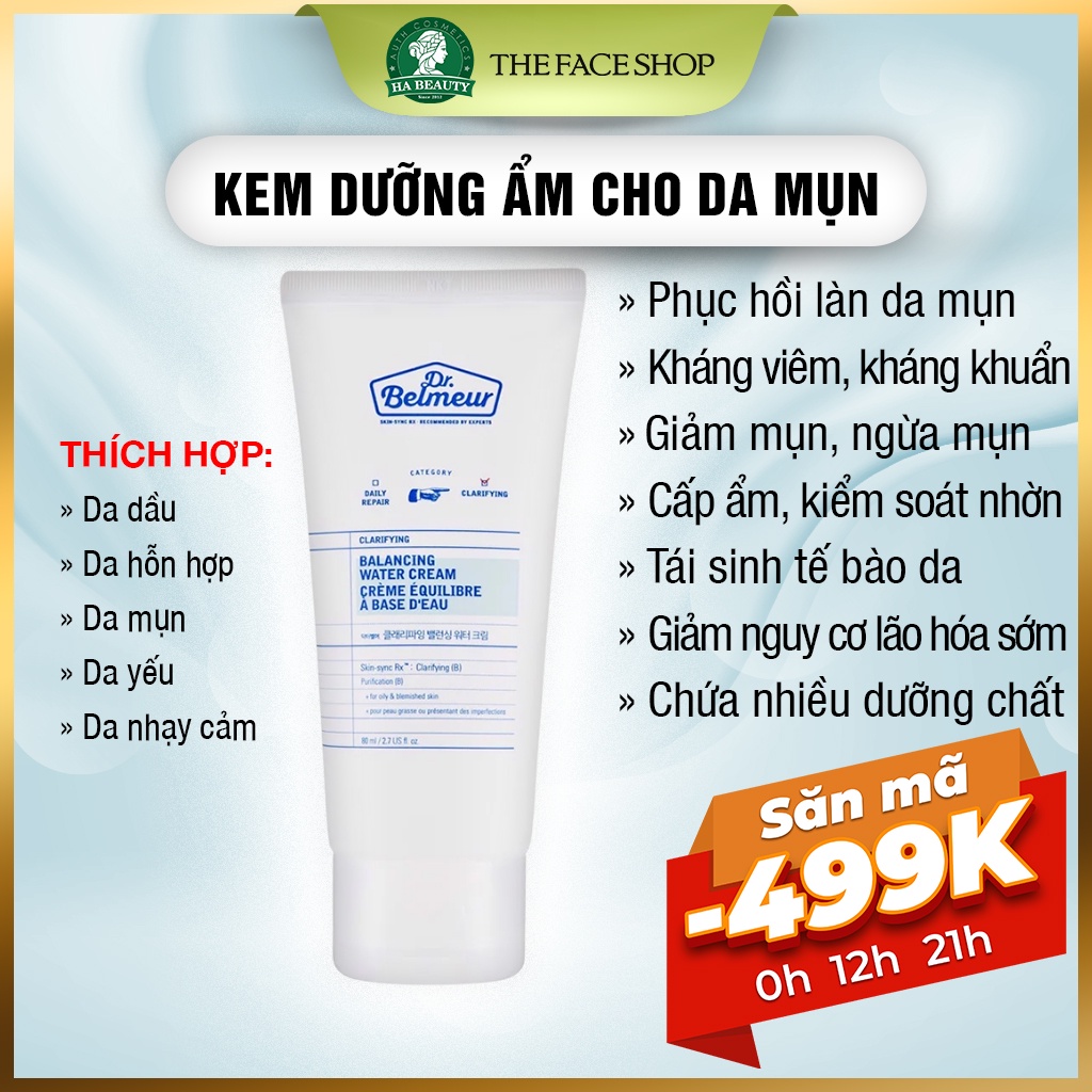 Kem dưỡng ẩm cho da mụn dầu hỗn hợp phục hồi da nhạy cảm The Face Shop Dr Belmeur Clarifying Balancing Water Cream 80ml
