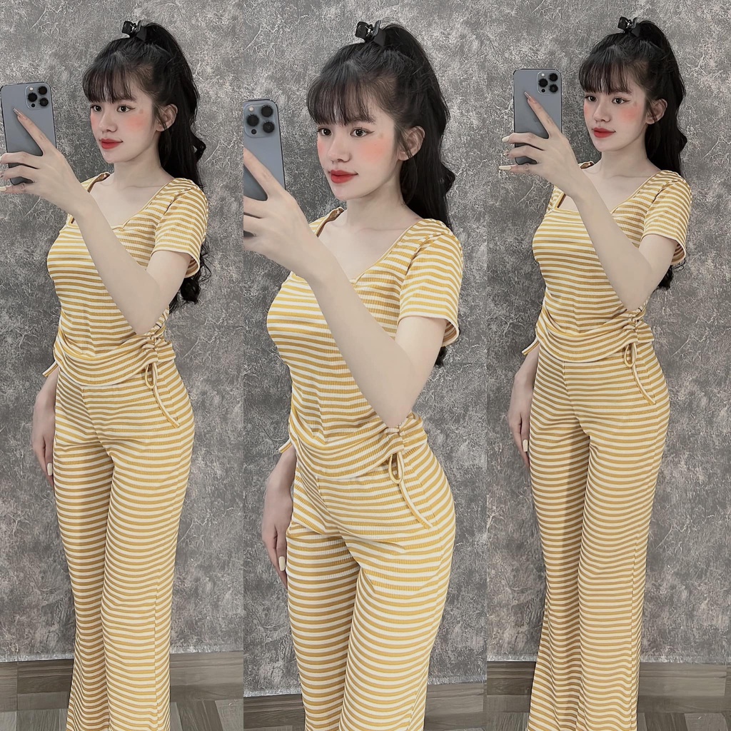 Đồ bộ nữ, set đồ bộ quần ống loe đai cao và áo ôm ngắn tay rút dây cổ vuông vải thun cotton gân borip dầy dặn