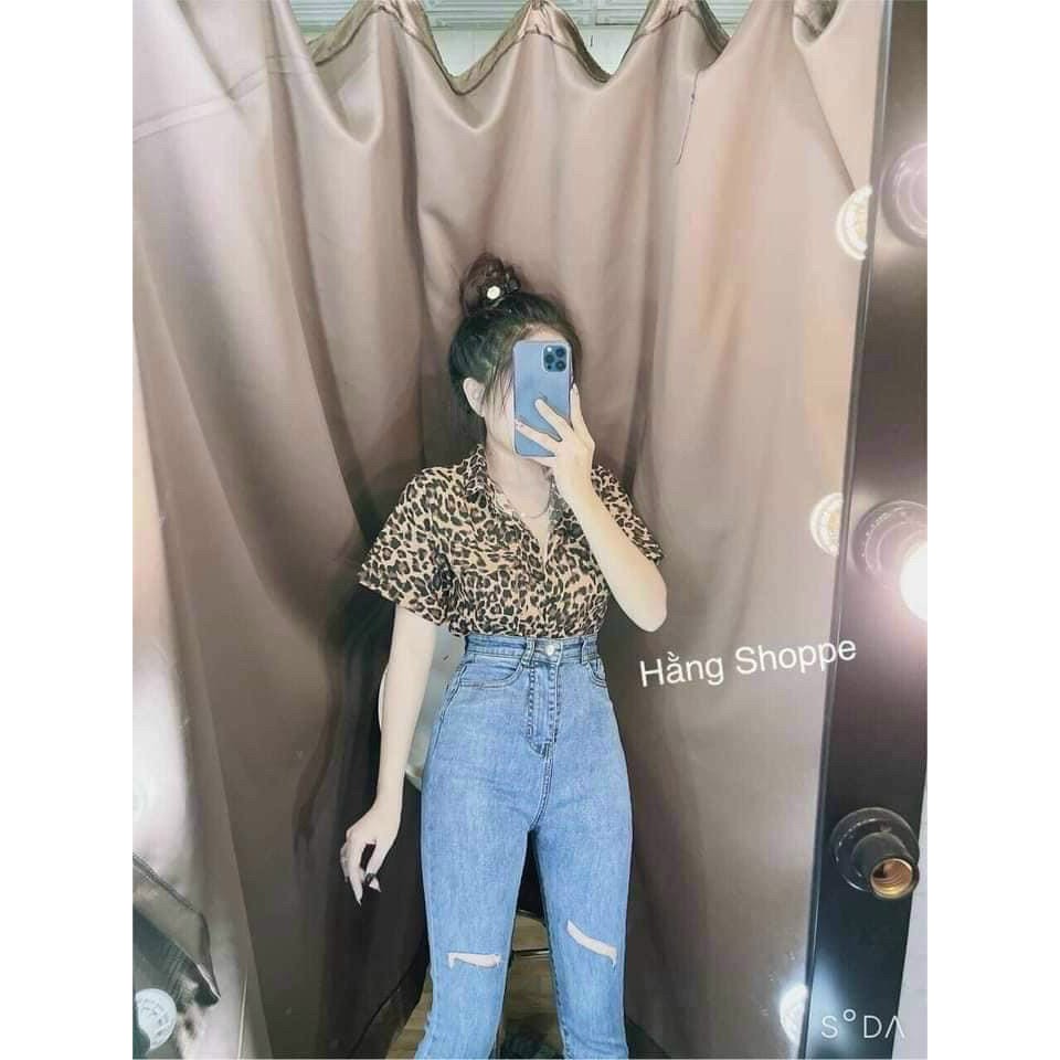 Áo sơ mi nữ tay ngắn in hoa tiết da beo chất voan xinh xắn