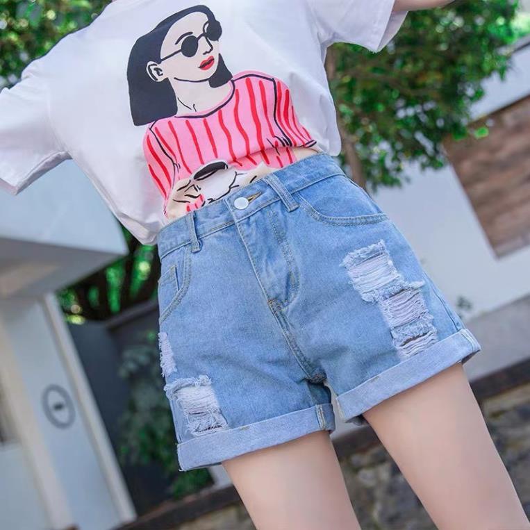 NB Quần short jean nữ BigSize lưng cao trên rốn, co dãn mạnh, xăn lai, màu xanh nhạt rách kiểu dành cho người mập 3868