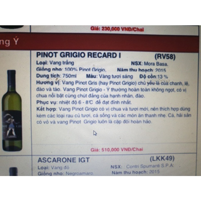 Nho lên men PINOT GRIGIO RECARD I 750Ml nhập khẩu Italia