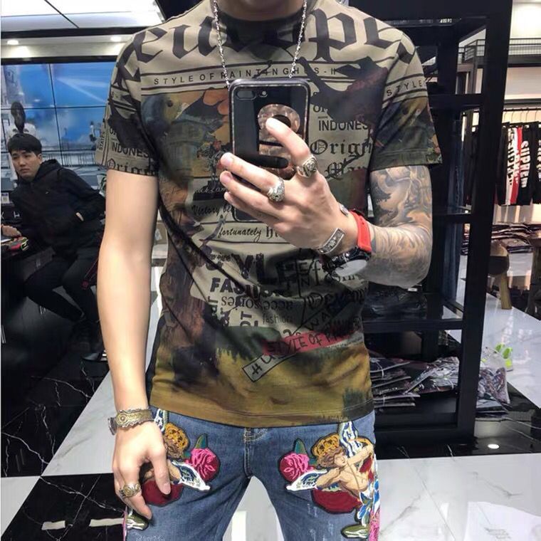 Áo thun tay ngắn lửng dáng ôm in hình thời trang mùa hè châu Âu thịnh hành cho nam