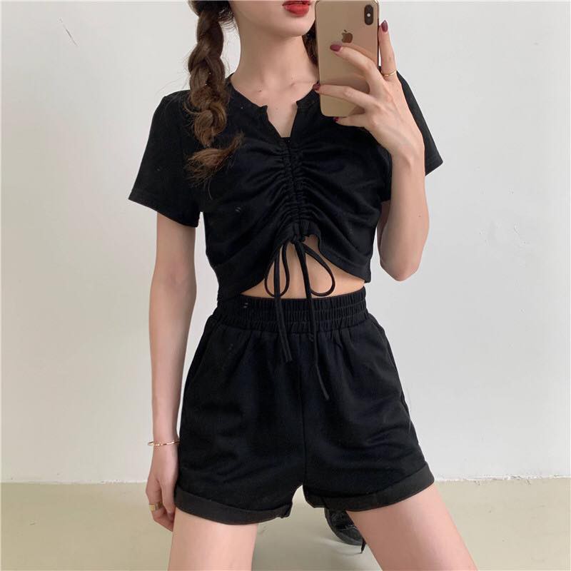 Set Áo Croptop dây rút + short ngắn YAYSHOP chất thun gân năng động (có hình thật trải sàn)