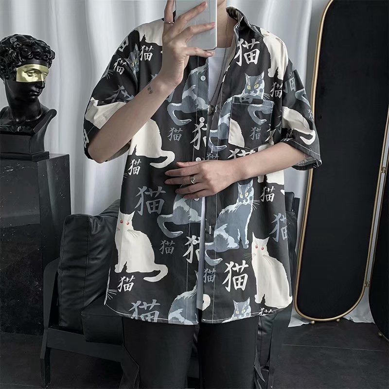 Real shot spot summer urban trend all-match loose casual fashion personality printing design casual short-sleeved shirt