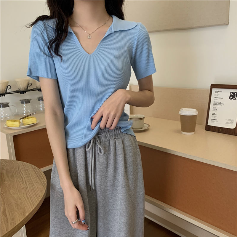 Áo Croptop Nữ Tay Ngắn Cổ Chữ V Polo Dáng Ôm Thoáng Mát Màu Trơn Thanh Lịch 8 Màu Tùy Chọn Thời Trang | BigBuy360 - bigbuy360.vn