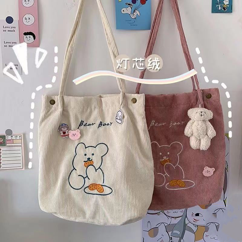 Bag handbag printed bear cute one-shoulder canvas bag Korean style college style female student shopping wild velvet female shopping