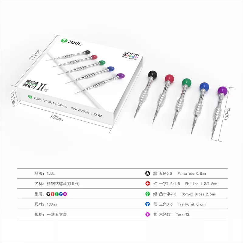 Bộ tô vít 2UUL 5 cây (3,4,5,6 cạnh và 2 tầng) đầu tròn