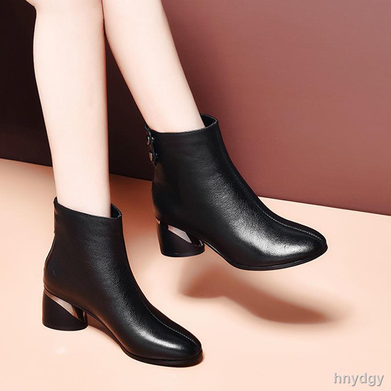 Chọn☆☋Giày bốt cao gót nữ mũi tròn cổ cao 2021