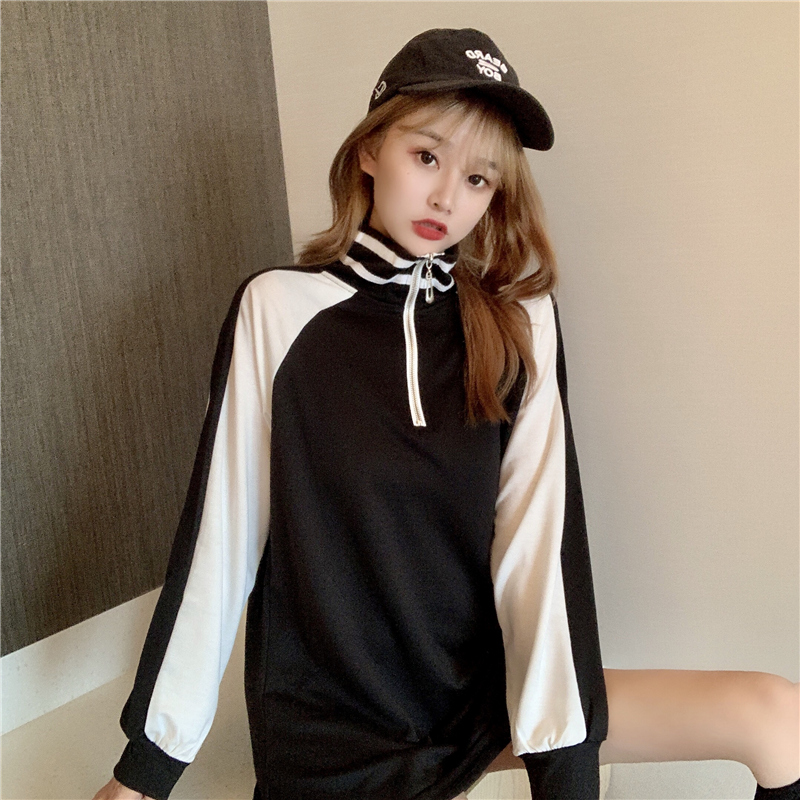 Áo kiểu SUXI cổ cao dáng dài phối khoá kéo thiết kế dáng rộng thoải mái